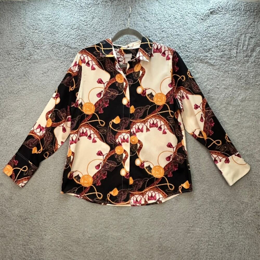 Chico's NWT Size 1 Bright Pattern Button Up Shirt Long Sleeves 100% Cotton Style
